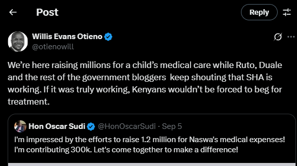 A post shared by Willis Otieno on X. PHOTO/Screengrab by K24 Digital from @otienowill