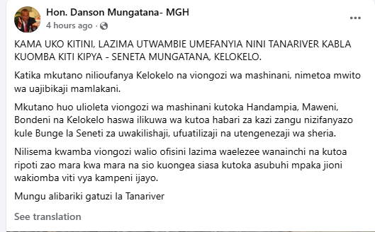 A screenshot of Mungatana's statement. PHOTO/Screengrab by K24 Digital from a statement shared on Facebook by https://www.facebook.com/HonMungatana