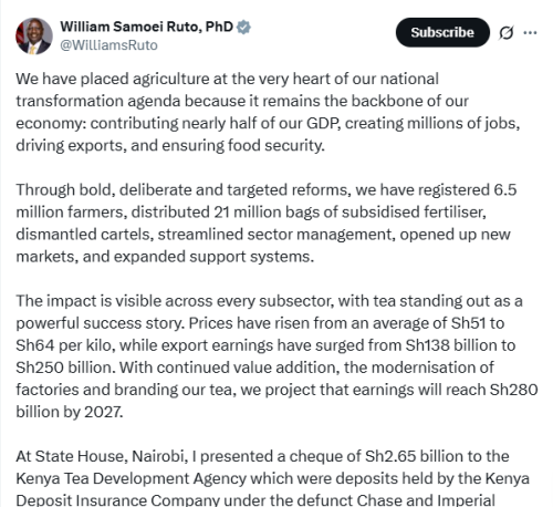 William Ruto’s statement on tea sector. PHOTO/Screengrab by People Daily Digital from a post by @WilliamsRuto
