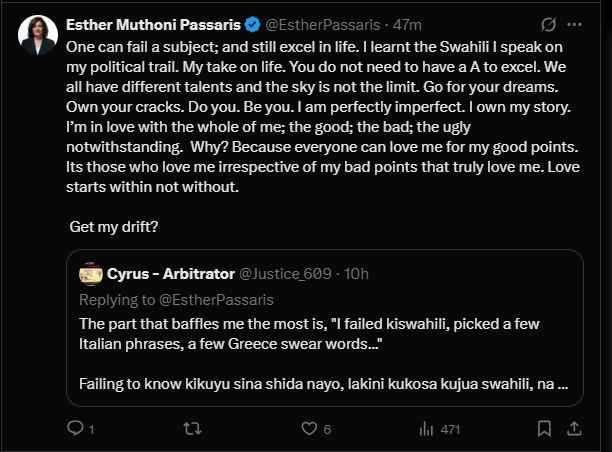 A post shared by Esther Passaris on her X. PHOTO/Screengrab by K24 Digital from @EstherPassaris