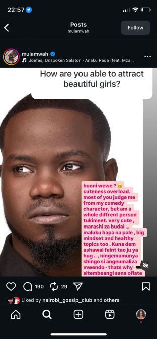 A post shared by Mulamwah on his Instagram. PHOTO/Screengrab by K24 Digital from @mulamwah