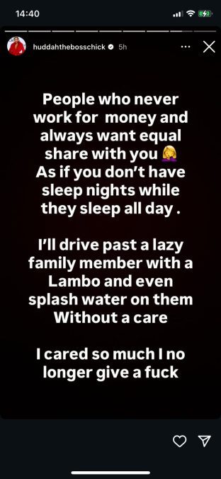 A post shared by Huddah Monroe on her Instagram stories. PHOTO/Screengrab by k24 Digital from @huddahthebosschick