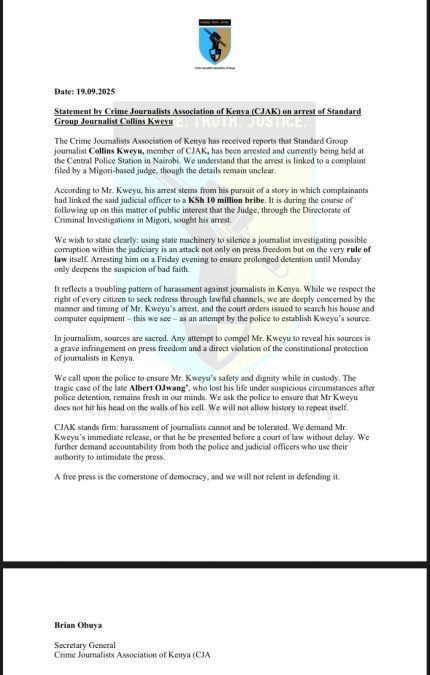A press statement shared by CJAK. PHOTO/@CrimeScribesKE/X
