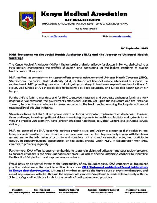 Statement by KMA. PHOTO/@KenyaMedics_KMA/X
