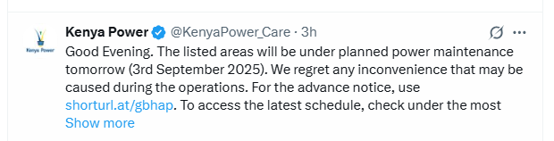 KPLC statement on scheduled maintenance. PHOTO/Screengrab by K24 Digital.