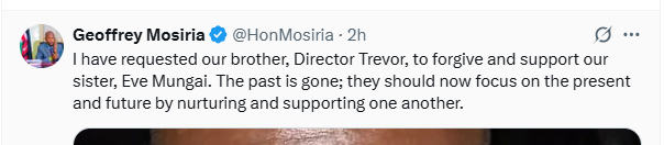 Geoffrey Mosiria's post urging Trevor to forgive Eve Mungai. PHOTO/Screengrab by K24 Digital.