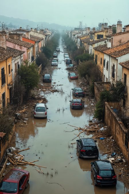 A portrait view captures a flooded scene along a busy street with cars navigating through. PHOTO/Pexels