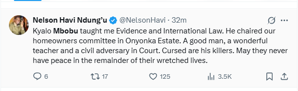 Nelson Havi's post mourning the death of lawyer Kyalo Mbobu. PHOTO/Screengrab by K24 Digital.