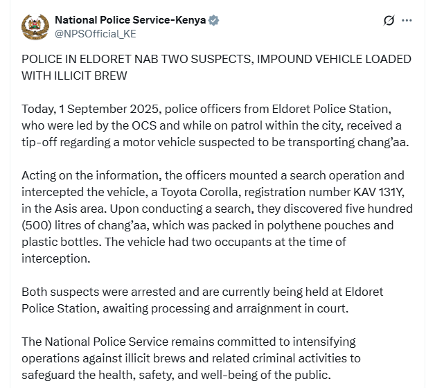 NPS statement confirming impoundment of illicit beer. PHOTO/Screengrab by K24 Digital.