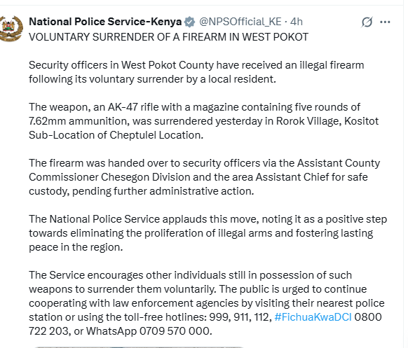 A statement from National Police Service. PHOTO/Screengrab by K24 Digital.