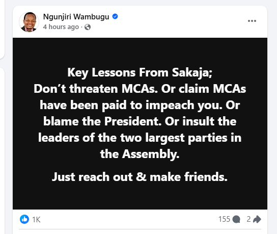 Former Nyeri Town MP Ngunjiri Wambugu's post about Sakaja's ouster. PHOTO/Screengrab by K24 Digital.