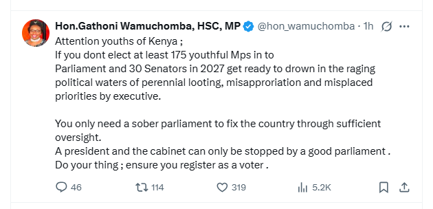Githunguri MP Gathoni Wamuchomba post advising the Gen Zs. PHOTO/Screengrab by K24 Digital.