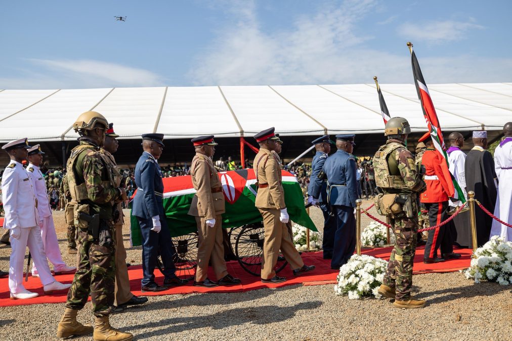 Police officers heavily guard the body of the late Raila Odinga during a funeral on Sunday, October 19, 2025. PHOTO/https://www.facebook.com/williamsamoei
