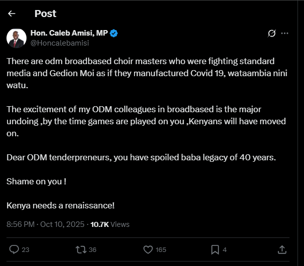 A post shared by Caleb Amisi on X. PHOTO/Screengrab by K24 Digital from @Honcalebamisi