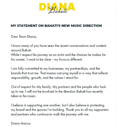 Diana Marua’s statement. PHOTO/@diana_marua/Instagram
