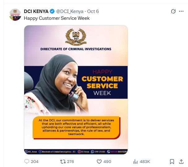 DCI post on Customer Service Week. PHOTO/Screengrab by K24 Digital