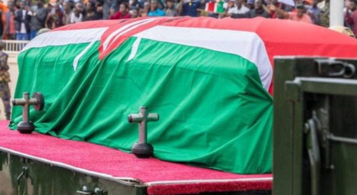 Raila’s casket, draped with a Kenyan flag, lying at the Nyayo Stadium on Friday, October 17, 2025. PHOTO/https://web.facebook.com/williamsamoei