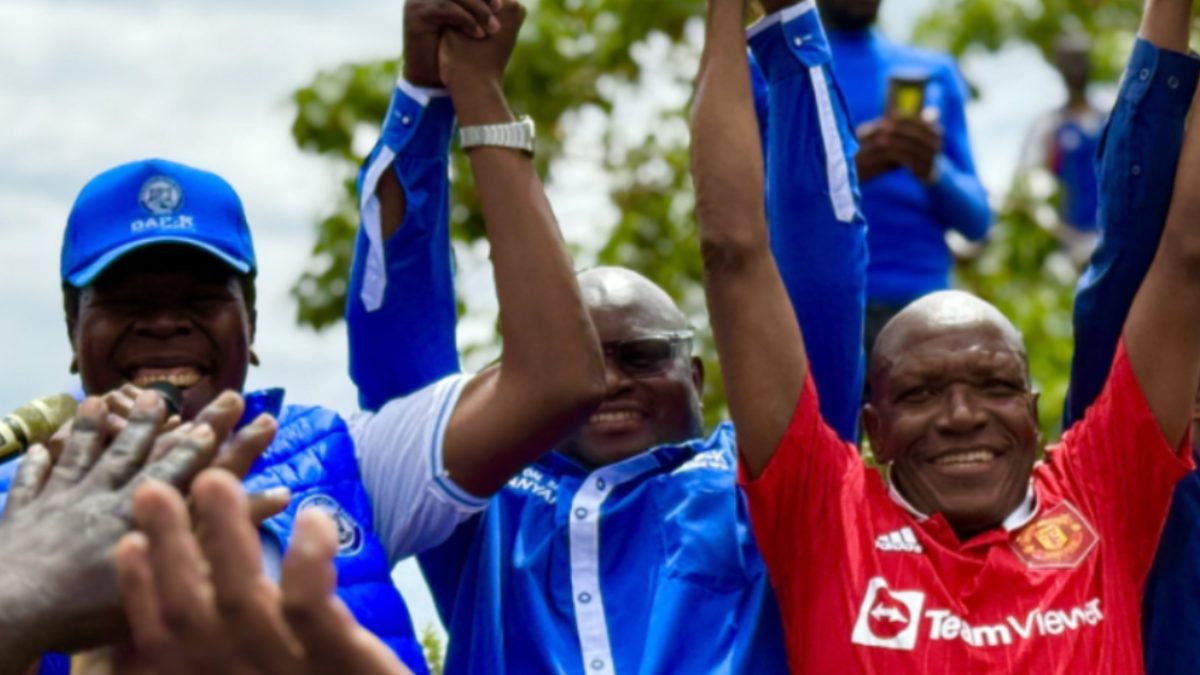 Kakamega Senator Boni Khalwale, DAP-K Party leader Eugene Wamalwa and Malava parliamentary by-election candidate Seth Panyako during recent rally. PHOTO/@EugeneLWamalwa/X