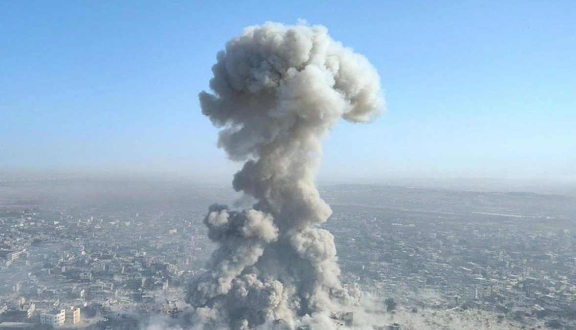 A white smoke rises up the sky in Gaza following Israel airstrike. PHOTO/@mhdksafa/X