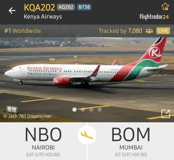 Over 7,000 users simultaneously monitored KQ202’s trajectory via Flightradar24. PHOTO/https://www.facebook.com/OfficialKenyaAirways