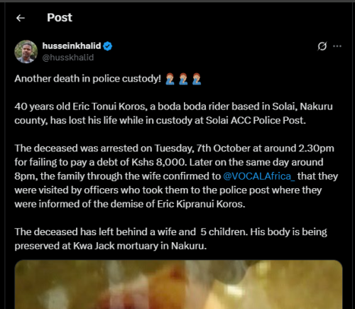 A post shared by Hussein Khalid on X. PHOTO/Screengrab by K24 Digital from @husskhalid