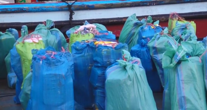 Part of the consignment seized at the Indian Ocean on Saturday, October 25, 2025. PHOTO/Screengrab by K24 Digital/https://www.youtube.com/watch?v=zdMbt_2i8JA