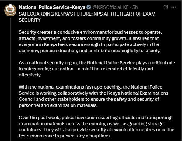 Part of NPS statement on exam preparedness. PHOTO/ Screengrab by K24 Digital/@NPSOfficial_KE/X