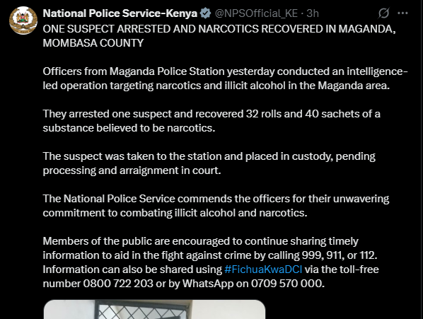 A post by the NPS on X. PHOTO/Screengrab by K24 Digital from @NPSOfficial_KE