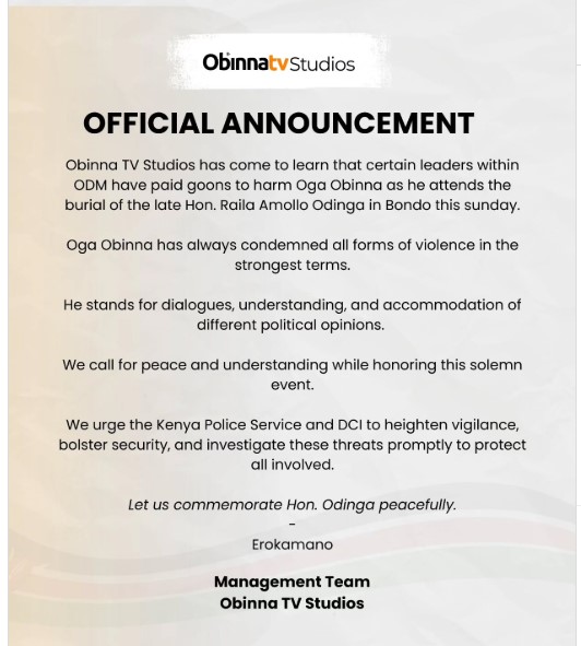 Part of the statement shared by Oga Obinna on Saturday October 18, 2025. PHOTO/Screengrab by K24 Digital/@ogaobinna/Instagram