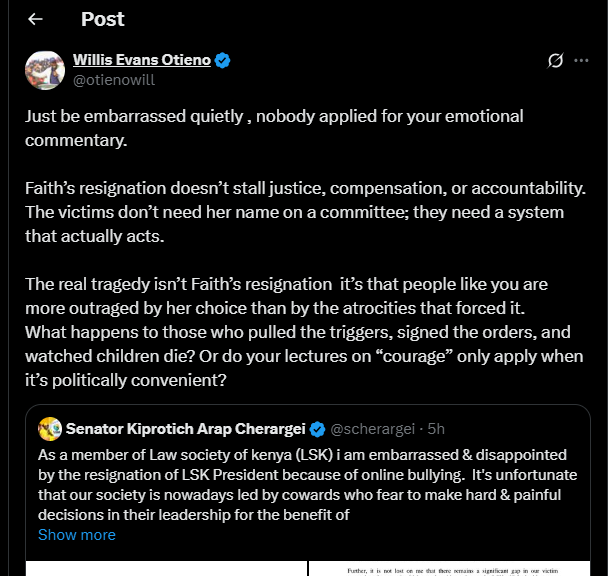 Willis Otieno and Samson Cherargei's posts on X. PHOTO/Screengrab by K24 Digital from @otienowill