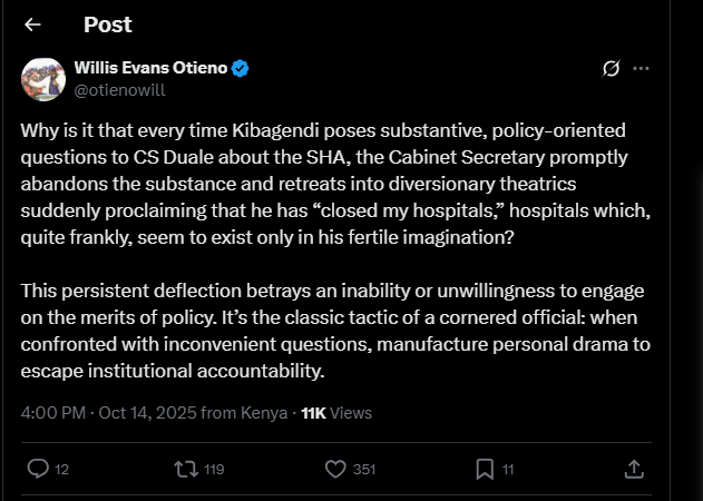 A post shared by Willis Otieno on his X account. PHOTO/Screengrab by k24 Digital from @otienowill