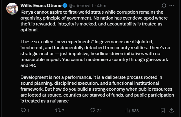 A post shared by Willis Otieno on X. PHOTO/Screengrab by K24 Digital from @otienowill