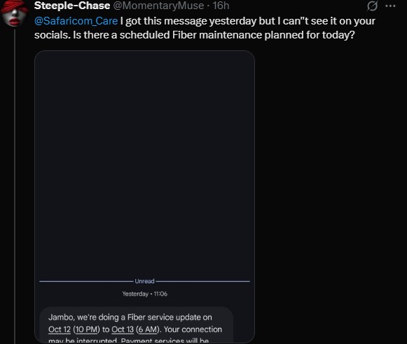 Part of the message sent to Safaricom customer care handle inquiring about planned internet outage. PHOTO/Screengrab by K24 Digital/@MomentaryMuse/X