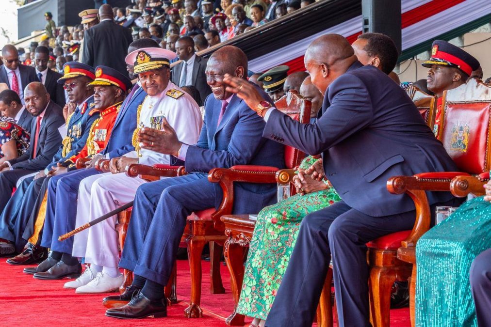 President William Ruto salutes at attendees of Mashujaa Day fete in Kitui. PHOTO/https://www.facebook.com/KithureKindiki