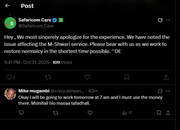 A post by Safaricom Care on X. PHOTO/Screengrab by K24 Digital from @Safaricom_Care
