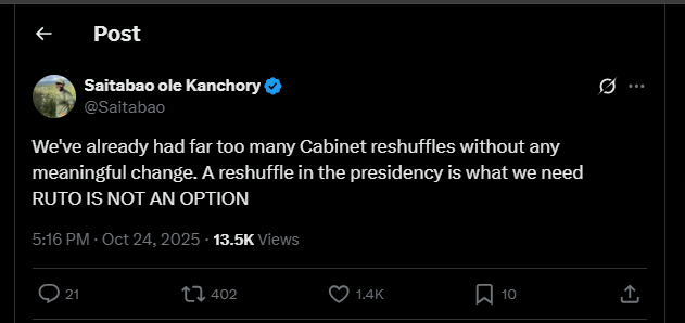 A post shared by Saitabao Kanchory. PHOTO/Screengrab by K24 Digital from @Saitabao