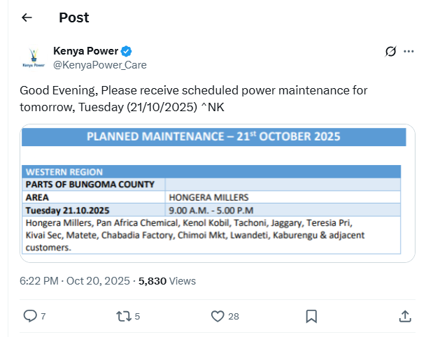 A screengrab by Kenya Power announcing power blackout in Bungoma. PHOTO/Screengrab by K24 Digital