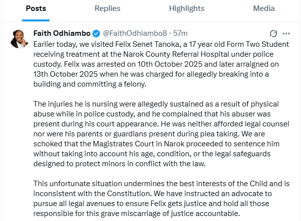 A post by LSK President Faith Odhiambo. PHOTO/Screengrab by K24 Digital