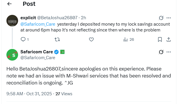 A post by Safaricom Customer care responding to a user on X. PHOTO/Screengrab by K24 Digital