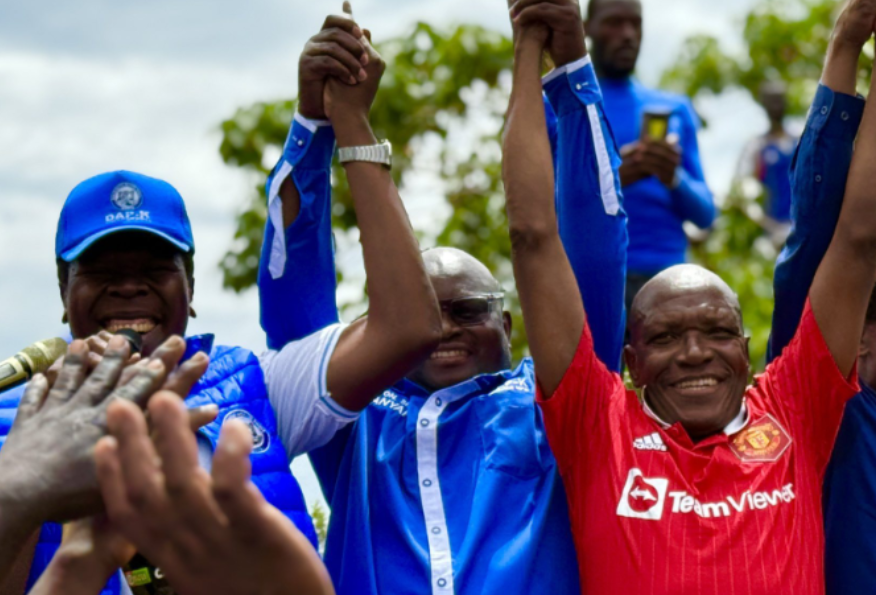 Kakamega Senator Boni Khalwale, DAP-K Party leader Eugene Wamalwa and Malava parliamentary by-election candidate Seth Panyako during recent rally. PHOTO/@EugeneLWamalwa/X