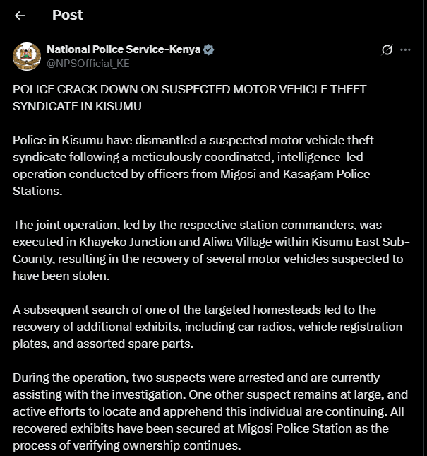 A post shared by NPS on X. PHOTO/Screengrab by K24 Digital from @NPSOfficial_KE
