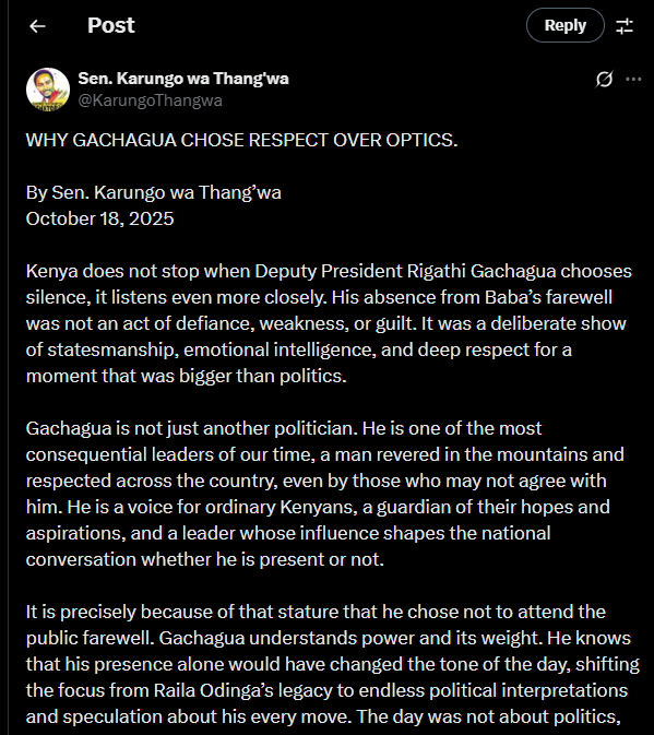 A post shared by Karungo wa Thang'wa on X. PHOTO/Screengrab by @KarungoThangwa