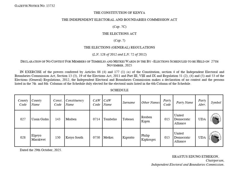  A Gazette notice by the IEBC. PHOTO/Screengrab by K24 Digital