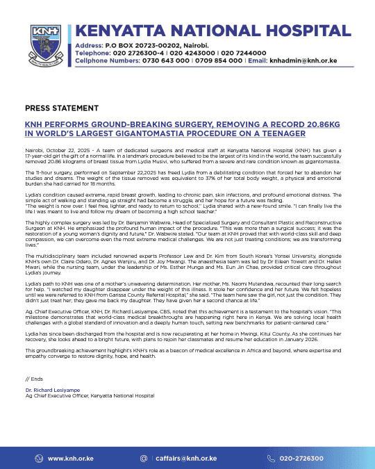Kenyatta National Hospital Statement confirming breast surgery. PHOTO/https://www.facebook.com/KenyattaNationalHospital