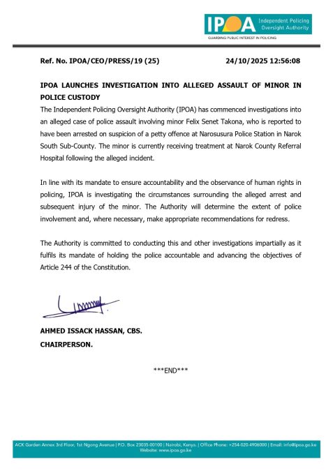 The IPOA statement. PHOTO/Screengrab by K24 Digital of X post by @IPOA_KE