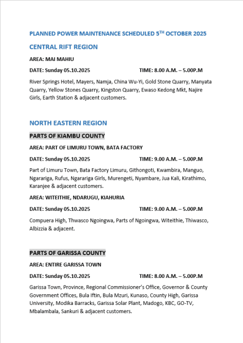 The Kenya Power notice. PHOTO/@KenyaPower_Care/X