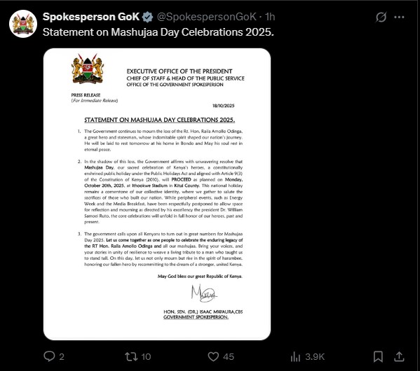 Statement from Government Spokesperson Isaac Mwaura on Saturday October 18, 2025. PHOTO/@SpokespersonGoK/X