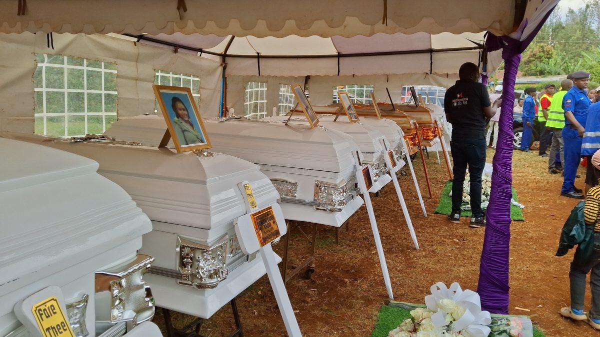 White caskets carrying the remains of the Kikopey accident victims. PHOTO/https://web.facebook.com/profile.php?id=100066892114253