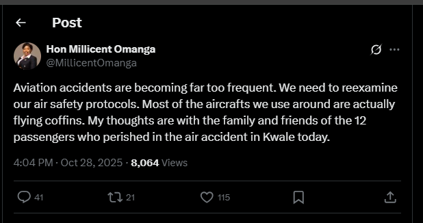 A post shared by Millicent Omanga on X. PHOTO/Screengrab by K24 Digital from @MillicentOmanga