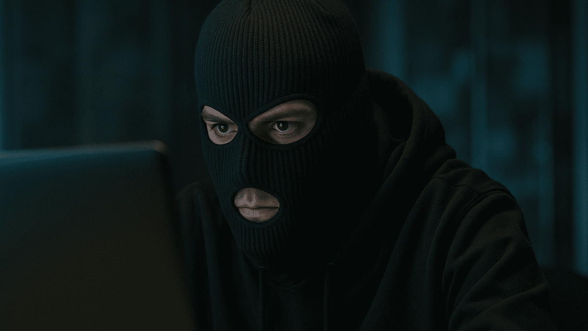 AI-generted image of a person covering face with black mask. PHOTO/ChatGPT